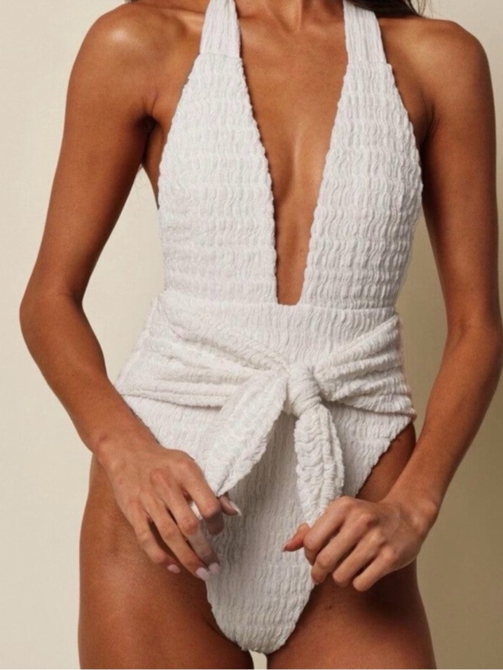 Montce White Textured Plunge One-Piece Swimsuit